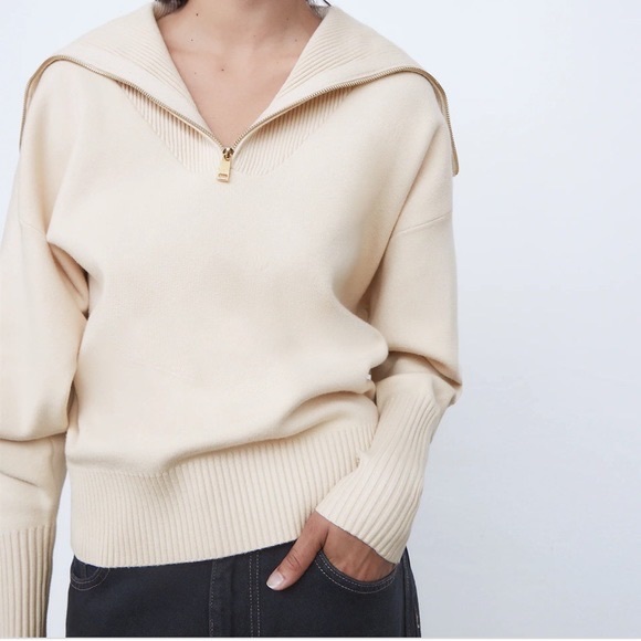 Zara Sweaters - Zara Cream Zip-Front Cowl Sweater